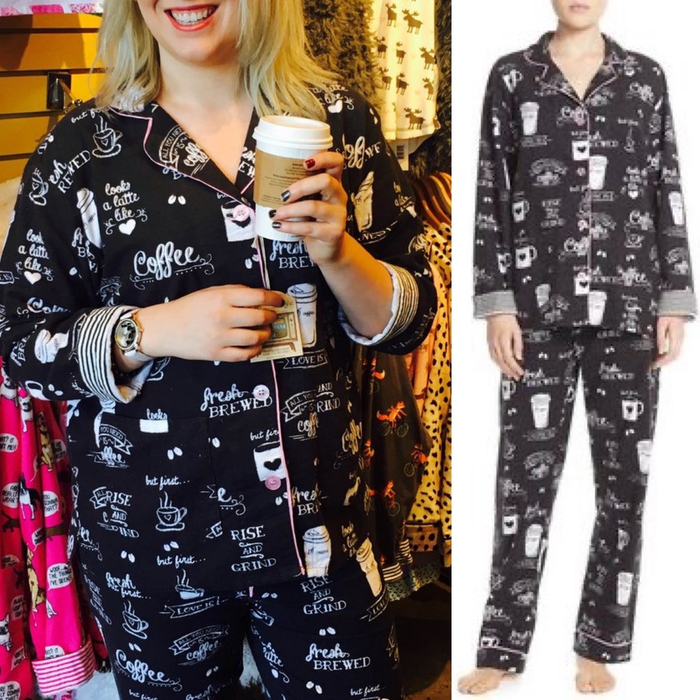 PJ Salvage Womens Flannel Pajama Set S Black Coffee Graphic Cotton Cute Set